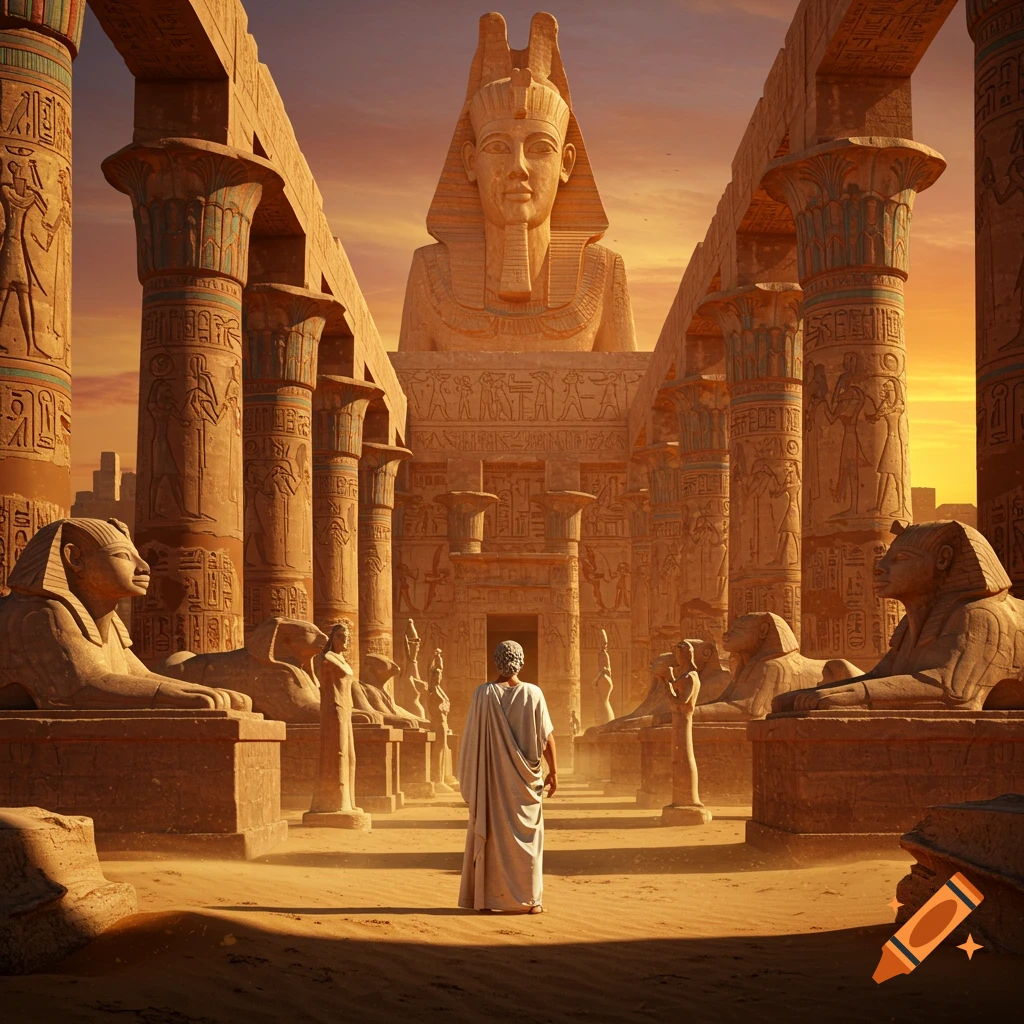 A person in a toga stands in a vast ancient Egyptian temple with colossal statues, columns, and hieroglyphs at sunset.