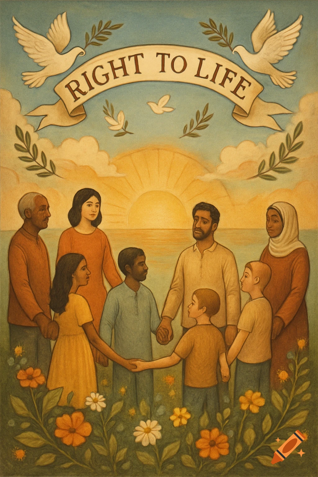 Diverse group of adults and children holding hands in a flower field under a banner reading "RIGHT TO LIFE" with doves, sunset illustration.