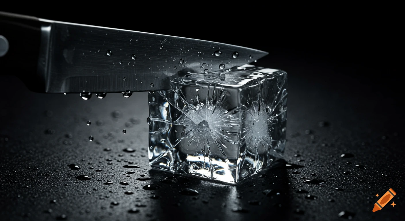 A close-up, photorealistic shot of a knife slicing into a cracked ice cube on a dark, wet surface with water droplets.