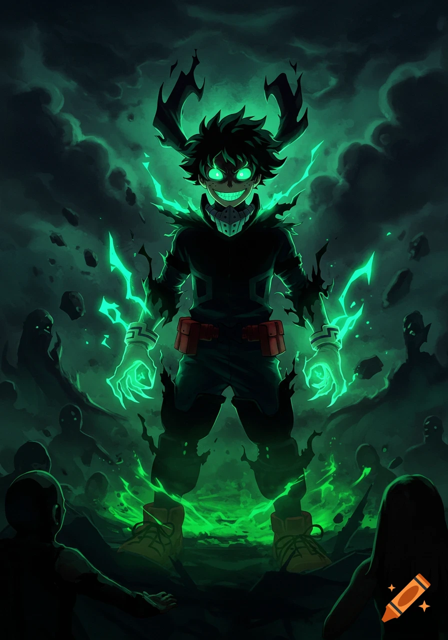 Evil Deku, with glowing green eyes and energy, stands menacingly against a dark, stormy sky with shadowy figures in an anime art style.