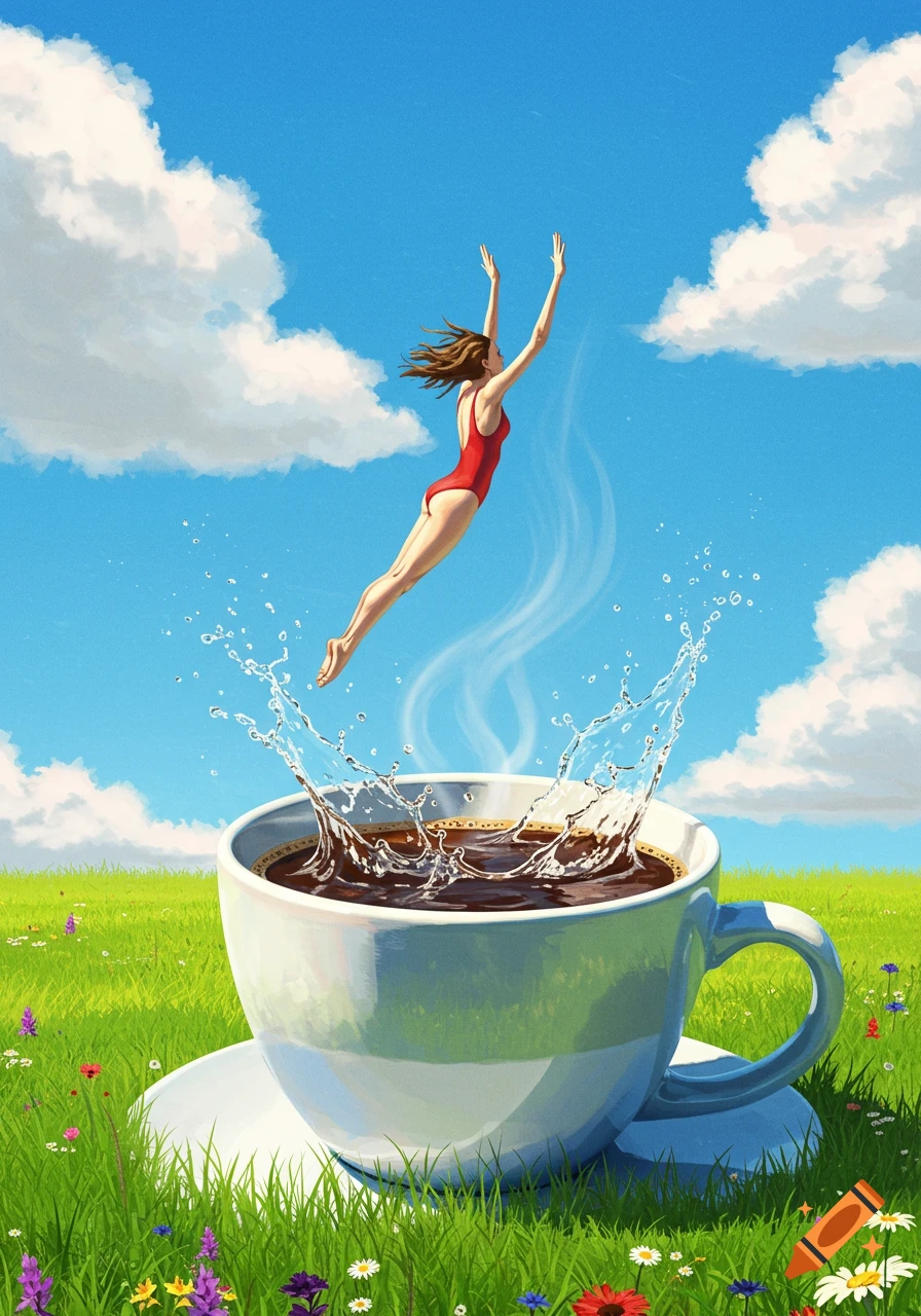 An illustrated scene of a woman in a red swimsuit diving into a giant coffee cup on a green meadow under a blue sky.