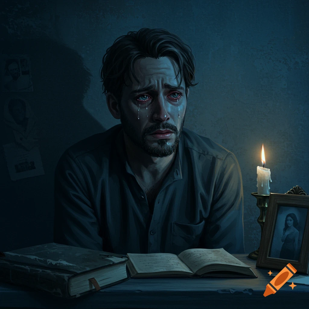 A man with a beard cries, illuminated by a candle next to an open book and a framed picture of a woman. He looks sad and distressed.