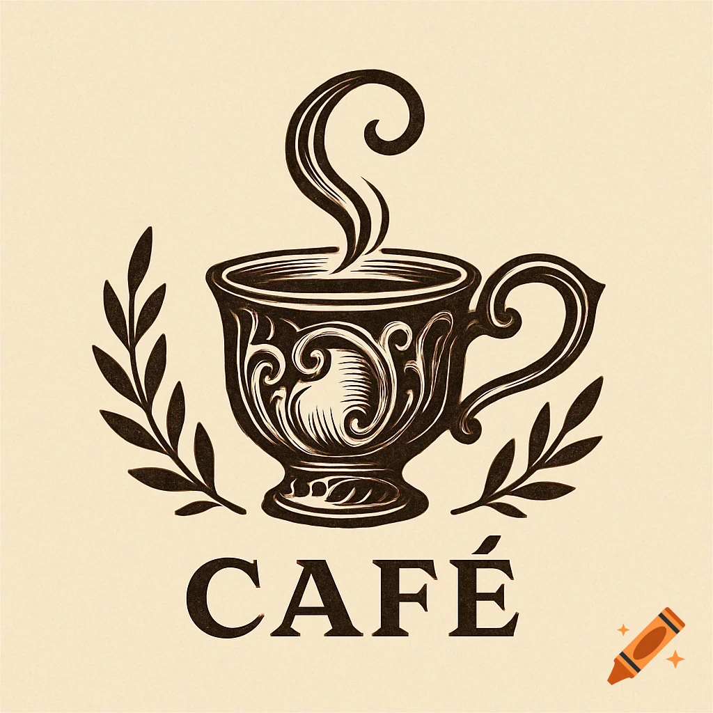 A vintage-style coffee logo featuring an ornate cup with steam and laurel branches, with 'CAFÉ' below.