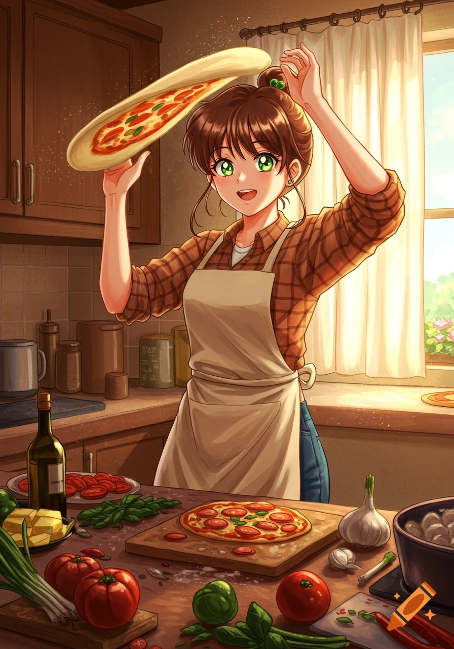An anime girl in an apron spins pizza dough in a kitchen filled with fresh ingredients, with a second pizza on a cutting board.