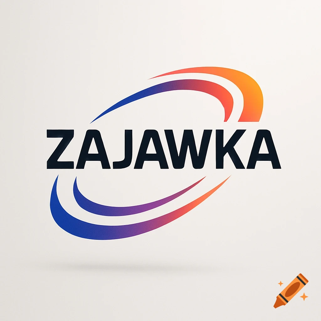 Logo with the word ZAJAWKA in dark letters, framed by blue, purple, orange, and red gradient swooshes on a light background.