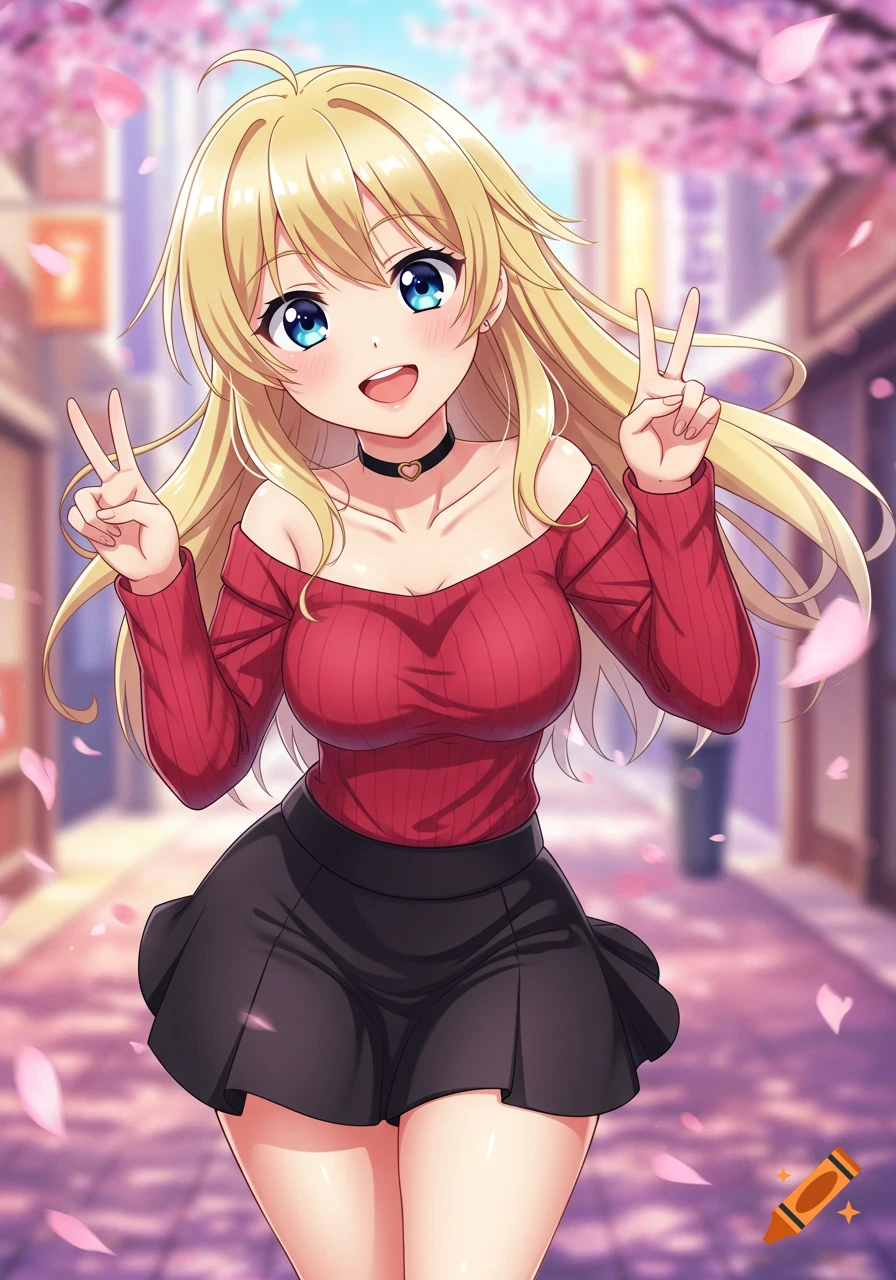 Anime girl with blonde hair, red off-shoulder top, black skirt, making a V sign, surrounded by cherry blossoms.