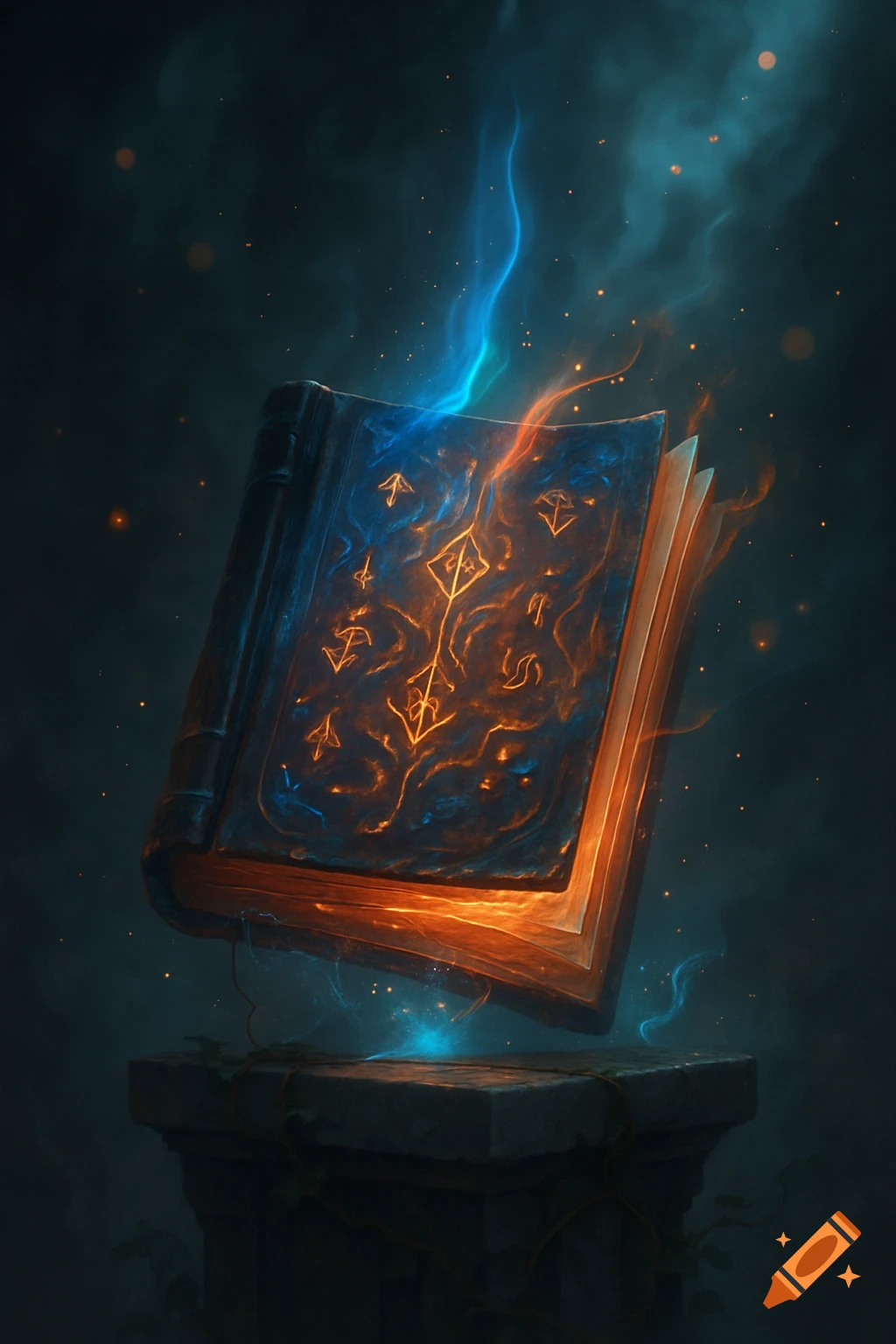 A glowing, ancient magic book with blue, red, and orange mystical energy, floating above a stone pedestal in a dark, starry environment.