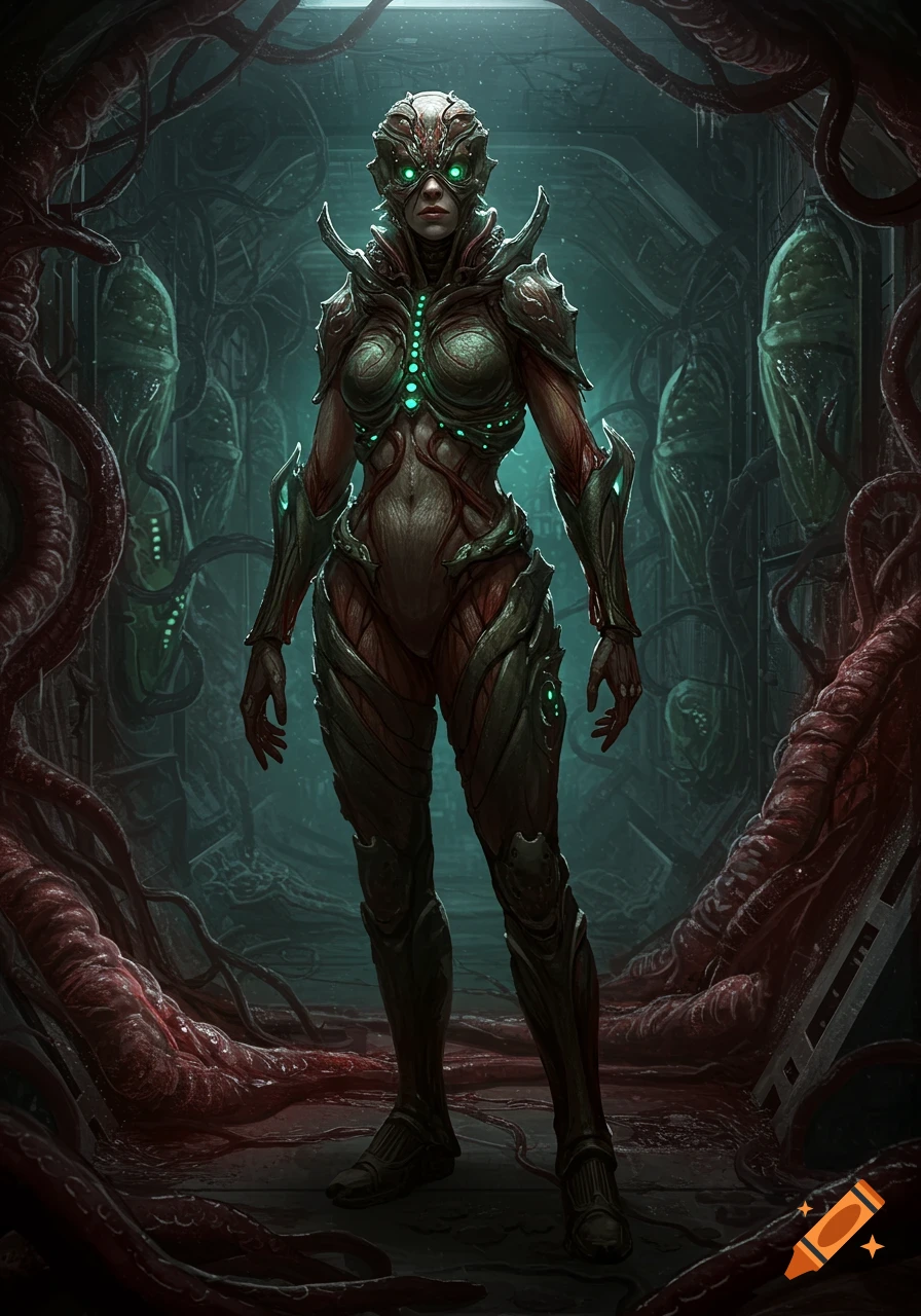 A full-body concept art of a female biomechanical sci-fi creature in chitinous armor with glowing lights, standing in a dark, fleshy, decaying corridor.