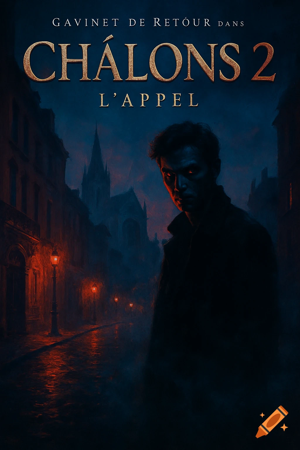 A dark movie poster for 'Gavinet de retour dans CHALONS 2, l'appel' showing a man with glowing red eyes on a misty, gas-lit street.