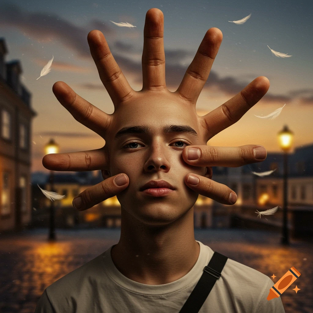 A photorealistic close-up of a young man with numerous human fingers growing from his head like hair, set on a city street at dusk.