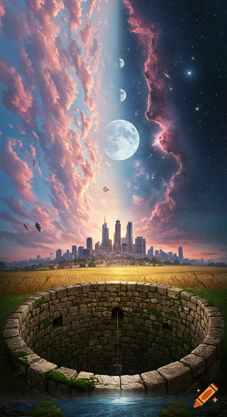 A vertical surreal landscape blending a stone well, golden fields, a city skyline, a cloudy sky, and a starry night with multiple moons.
