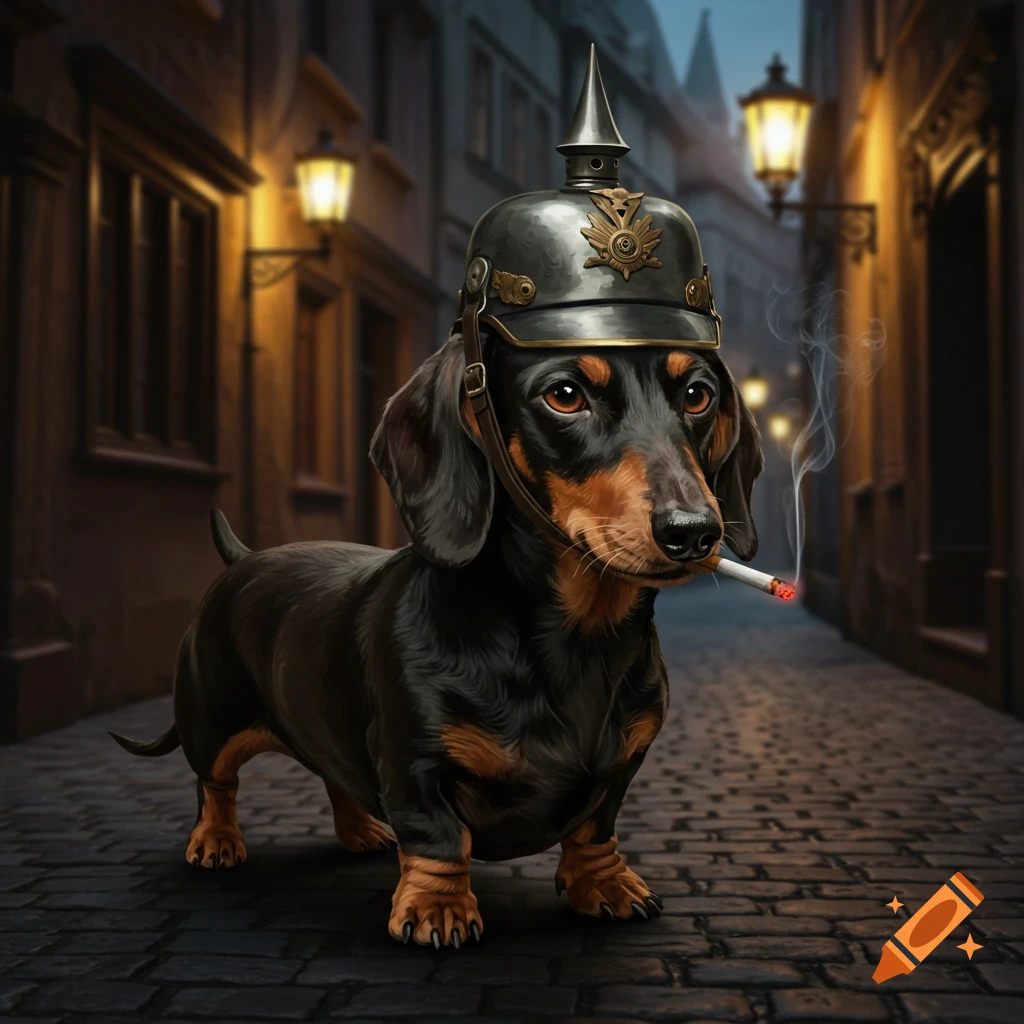 A photorealistic dachshund wearing a Kaiser helmet smokes a cigarette on a cobblestone street at night.
