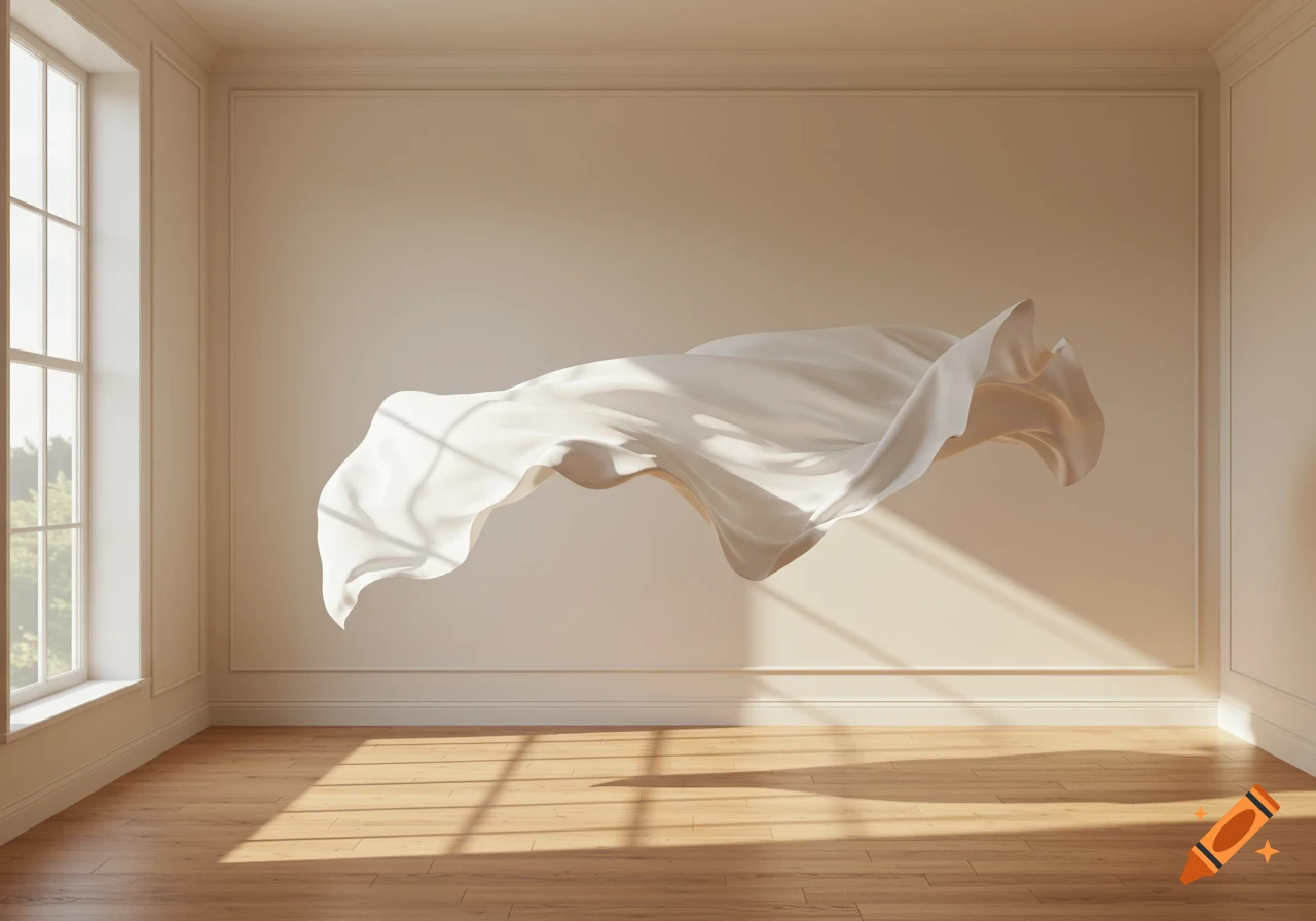 A photorealistic white sheet floats in a sunlit, minimalist room with wooden floors and window shadows.