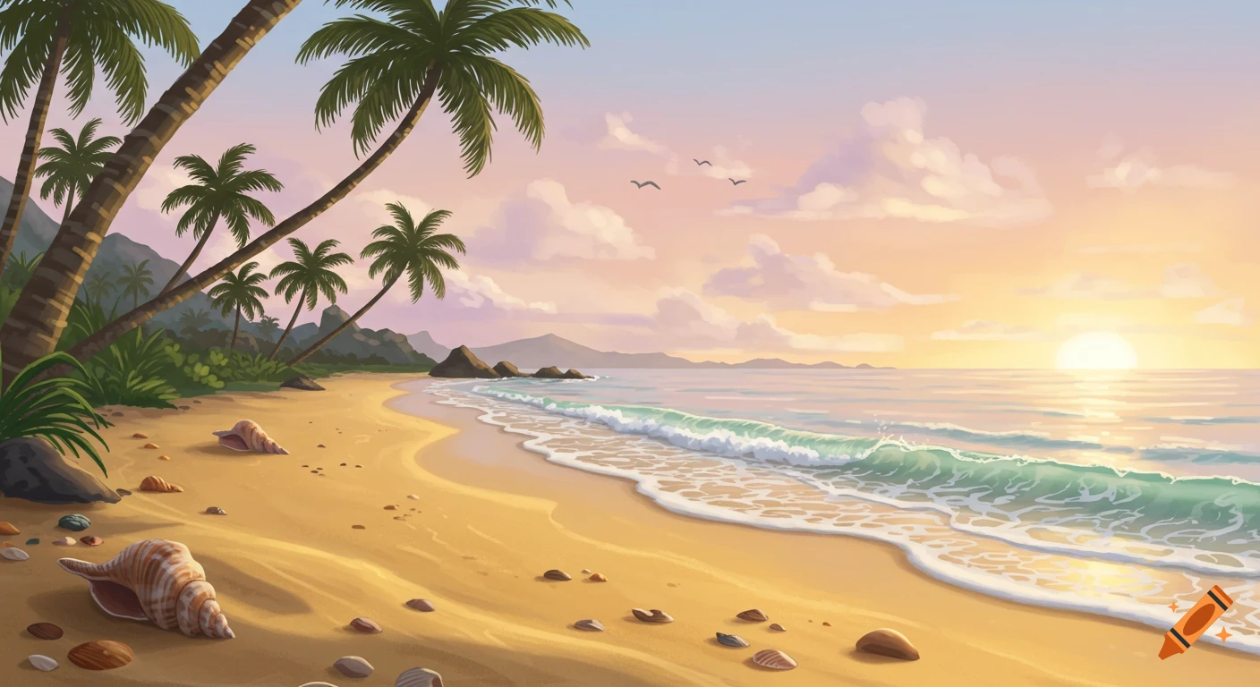 Illustrated tropical beach at sunset with golden sand, gentle waves, and palm trees against a pastel sky with scattered seashells.
