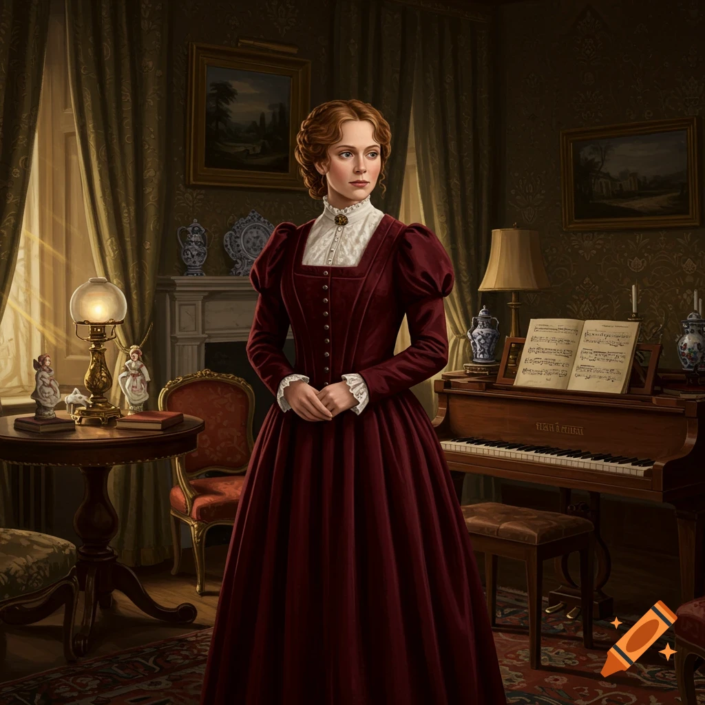 A Victorian-era woman in a deep red dress stands in a richly decorated room with a piano.