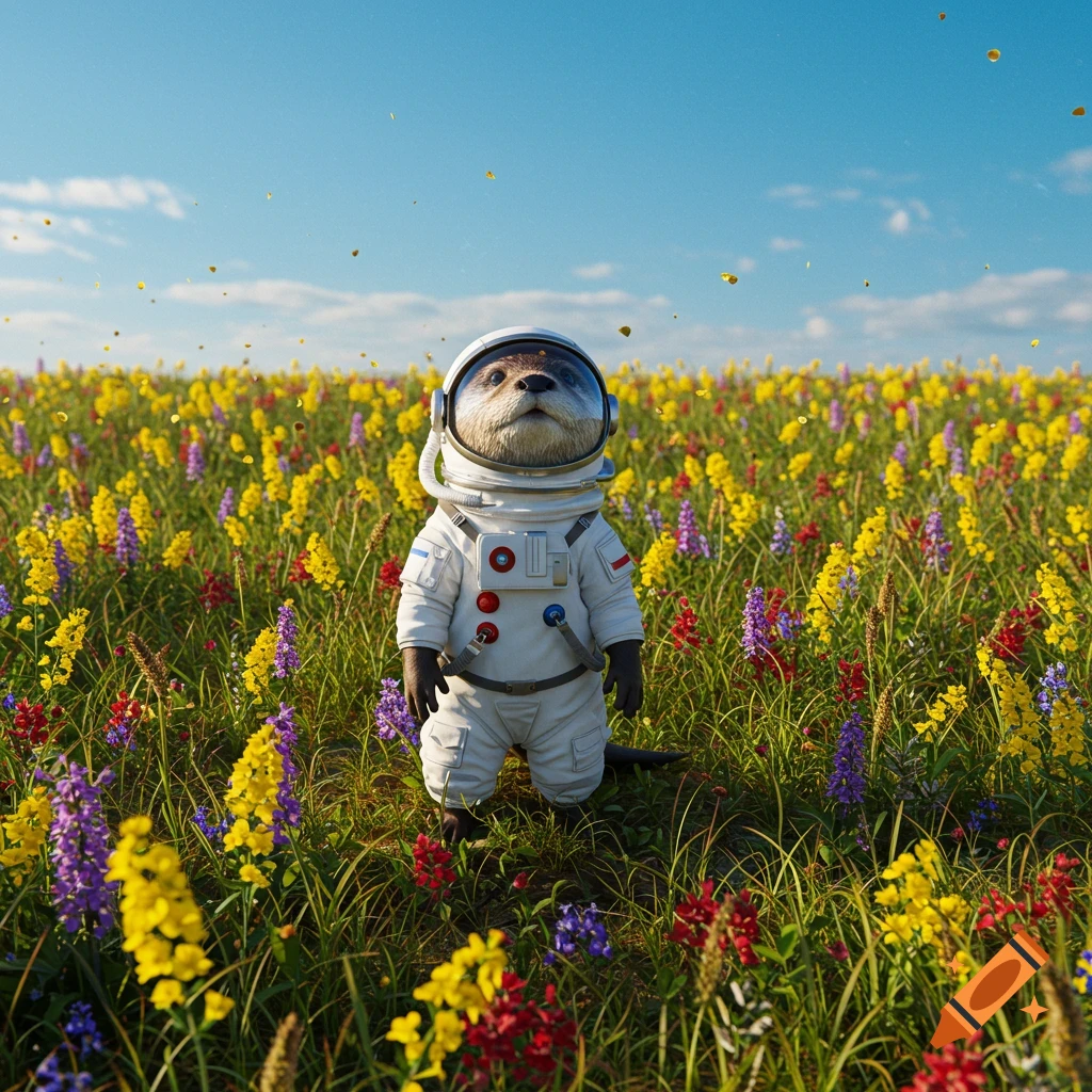 A photorealistic otter astronaut stands in a vibrant field of colorful wildflowers under a bright blue sky.