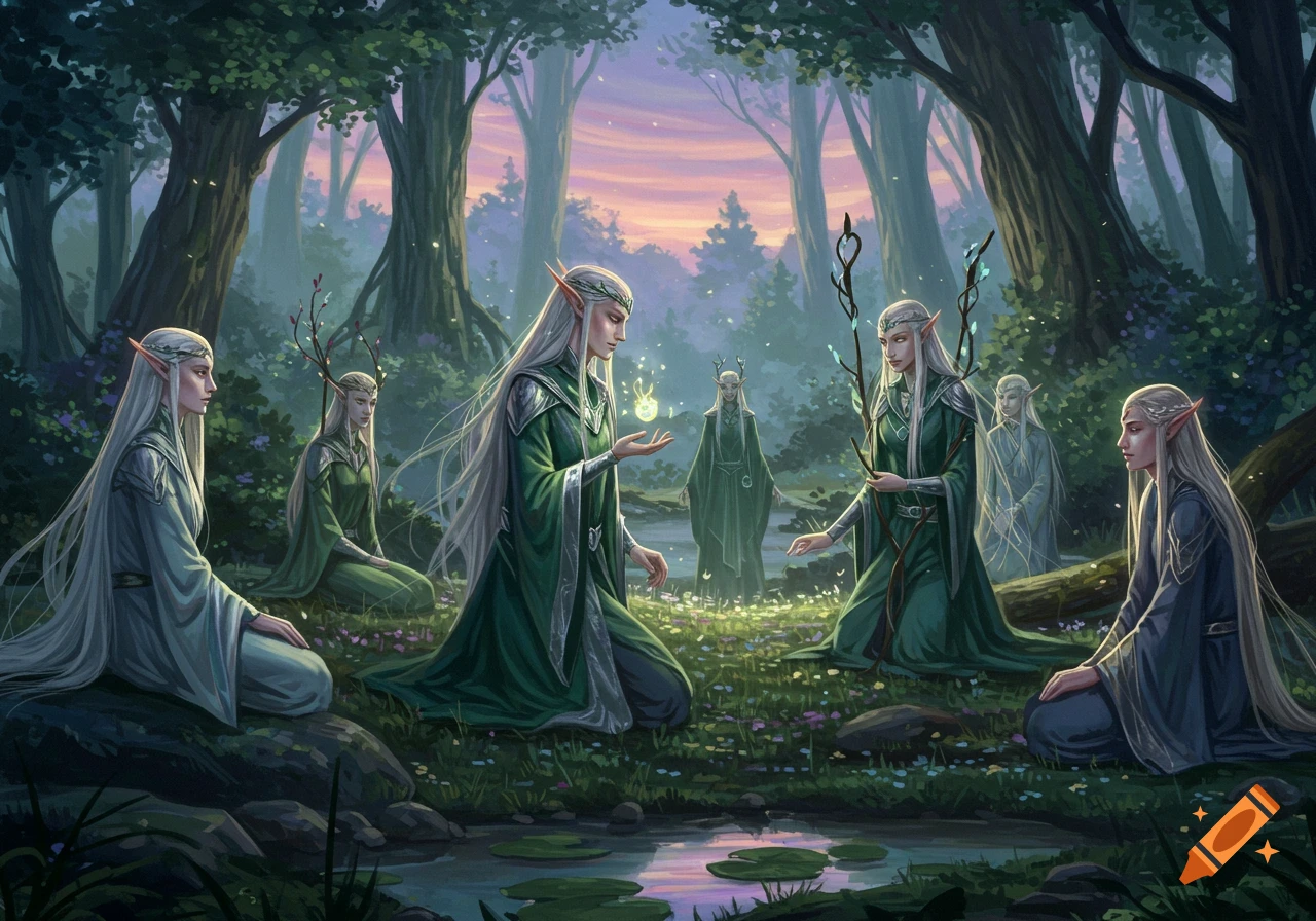 Elves in green and grey robes gather in a magical forest at sunset, with one holding a glowing orb.