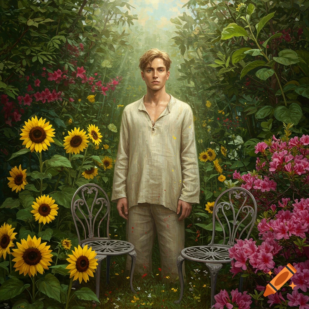 A blond man in a loose linen shirt and pants stands among sunflowers and pink rhododendrons in a lush garden, with two empty metal chairs.