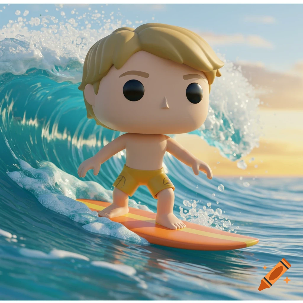 Funko POP figure of a blonde boy in yellow trunks surfing a wave at sunset.