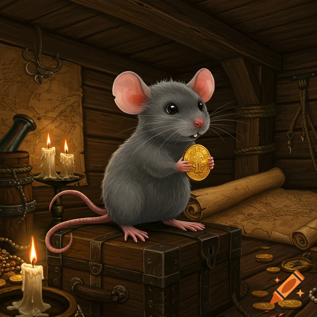 A cute gray mouse holds a gold coin while sitting on a treasure chest in a pirate ship's wooden hold, surrounded by maps and lit candles.