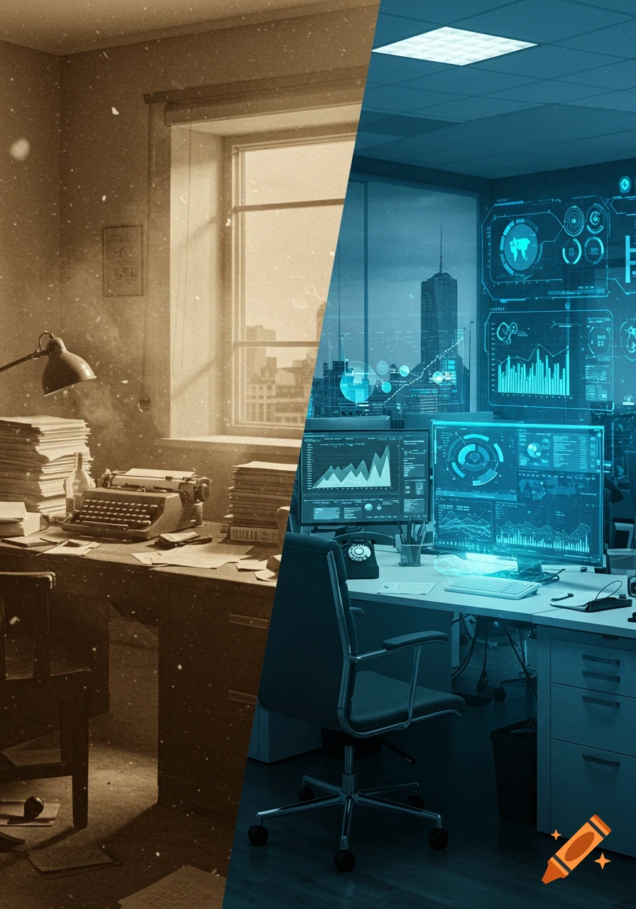 A split image shows an old, dusty office with a typewriter on one side, and a modern, blue-toned office with multiple computer screens on the other.