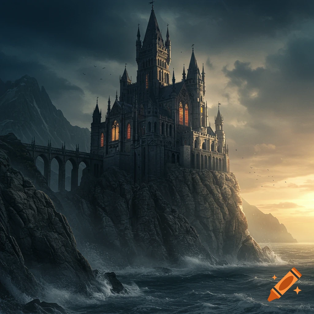 A dramatic gothic castle with spires and glowing windows sits atop a rugged cliff overlooking a stormy sea at sunset.
