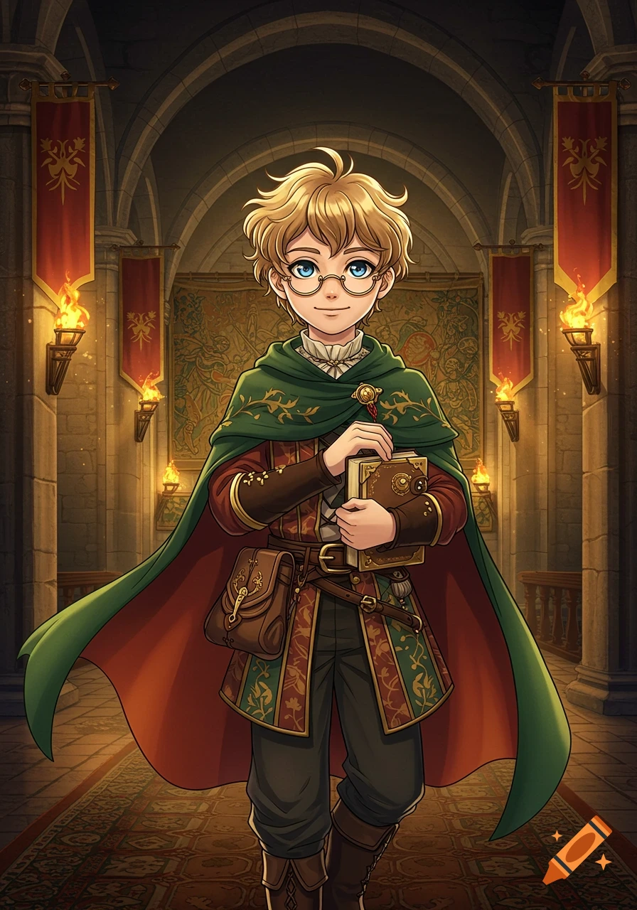 An anime boy with blond hair, blue eyes, and glasses, wearing medieval clothing, holds a book in a grand castle hallway.