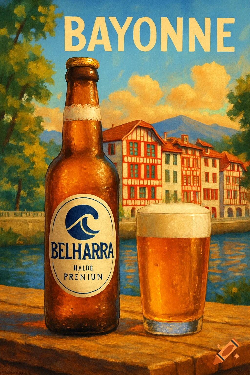 Painterly advertisement for Belharra beer with a bottle, glass, and a view of colorful buildings by a river in Bayonne.
