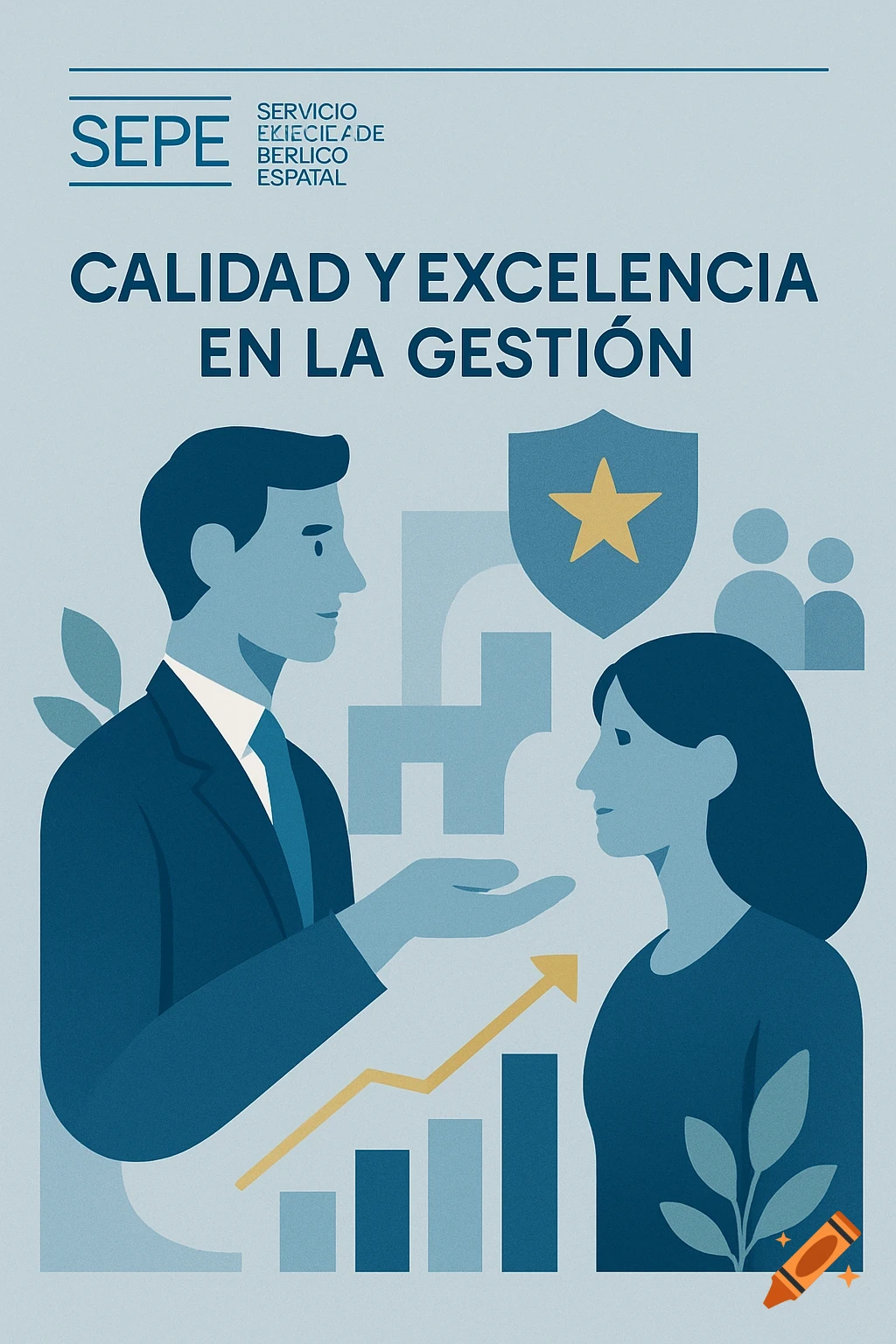 A vector illustration in blues and grays features a man and woman, charts with an upward arrow, a shield with a star, and text reading "SEPE" and "CALIDAD Y EXCELENCIA EN LA GESTIÓN".