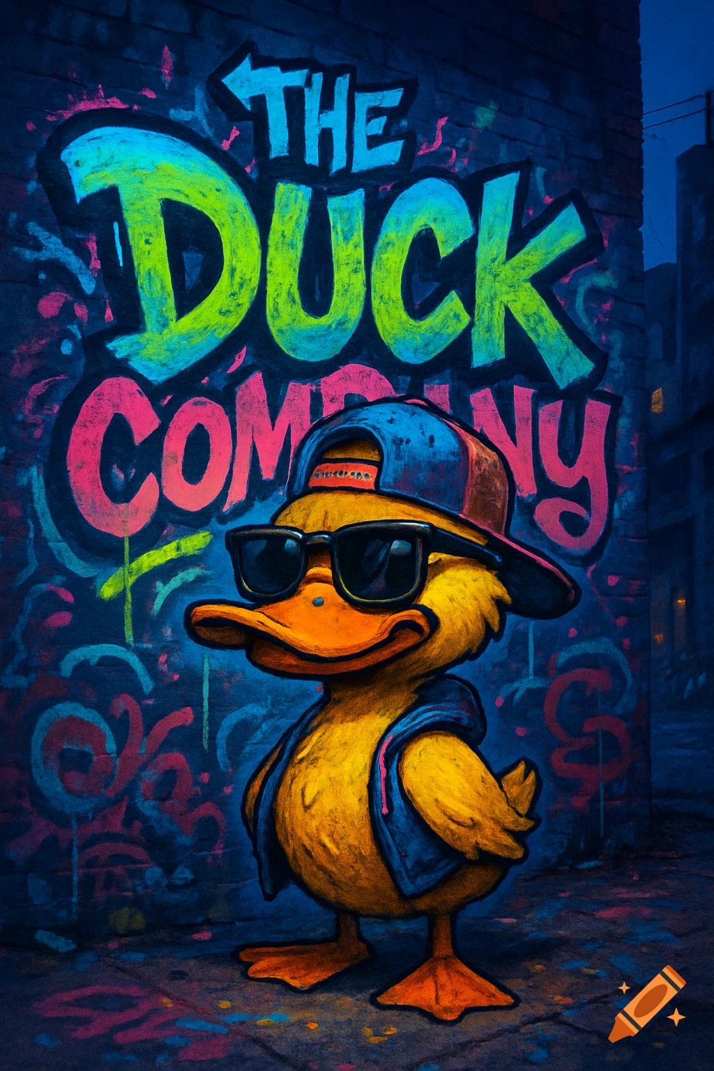 A cool cartoon duck wearing sunglasses and a backward baseball cap stands in front of a vibrant graffiti wall that reads "THE DUCK COMPANY".
