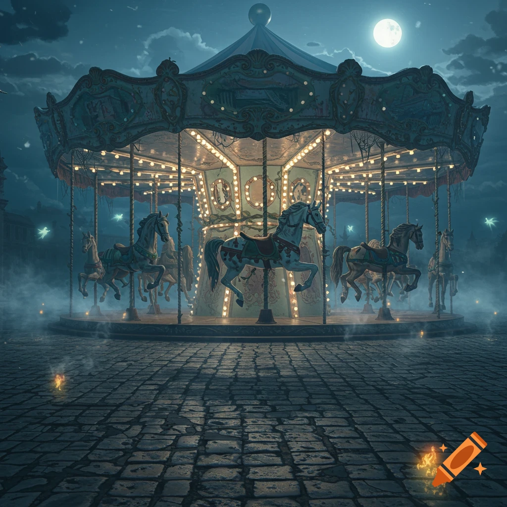 An antique horse carousel with illuminated lights and ornate details sits on cobblestones under a full moon in a foggy, eerie night scene.