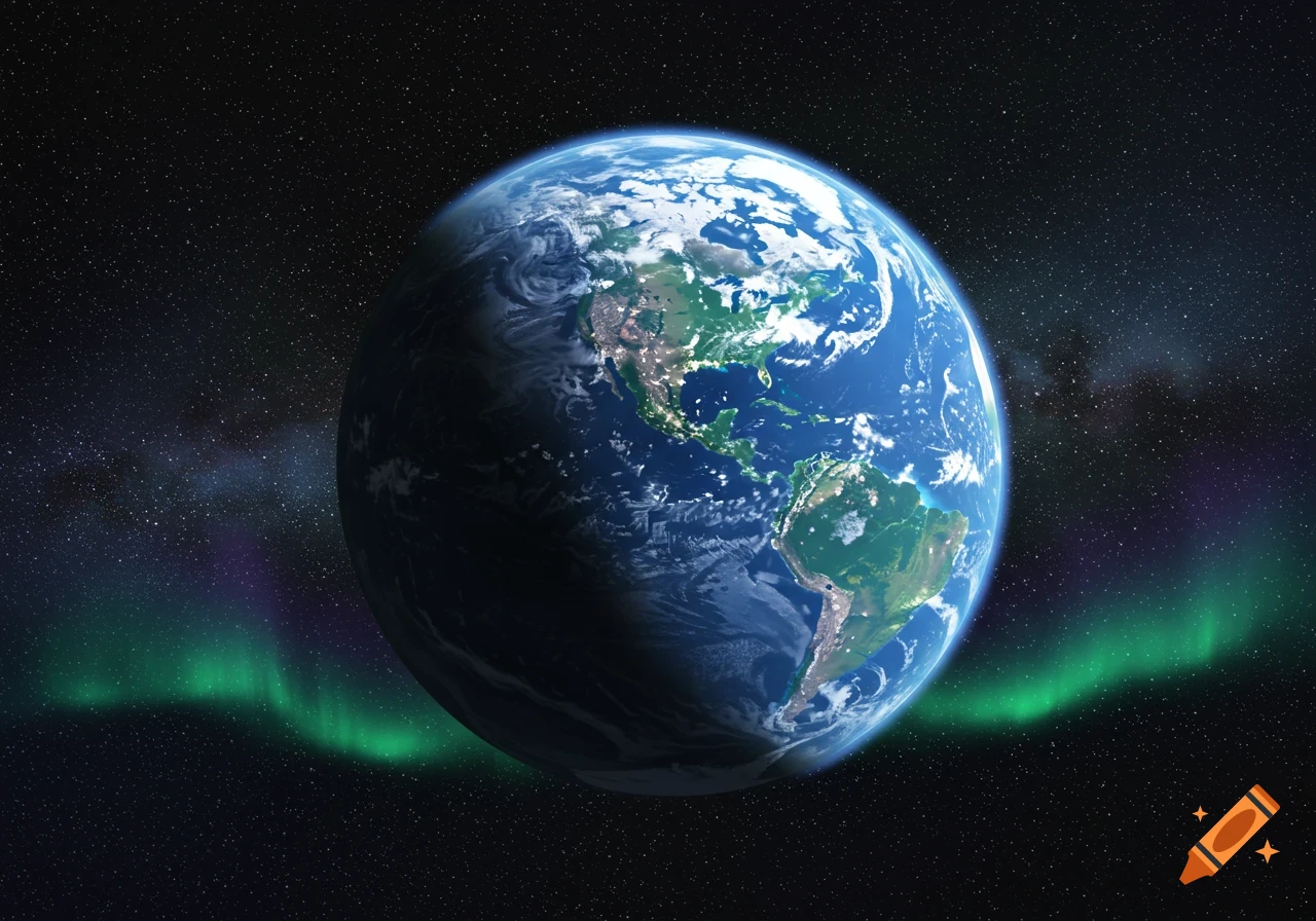 A realistic view of Earth from space, showing North and South America and a vibrant green aurora.