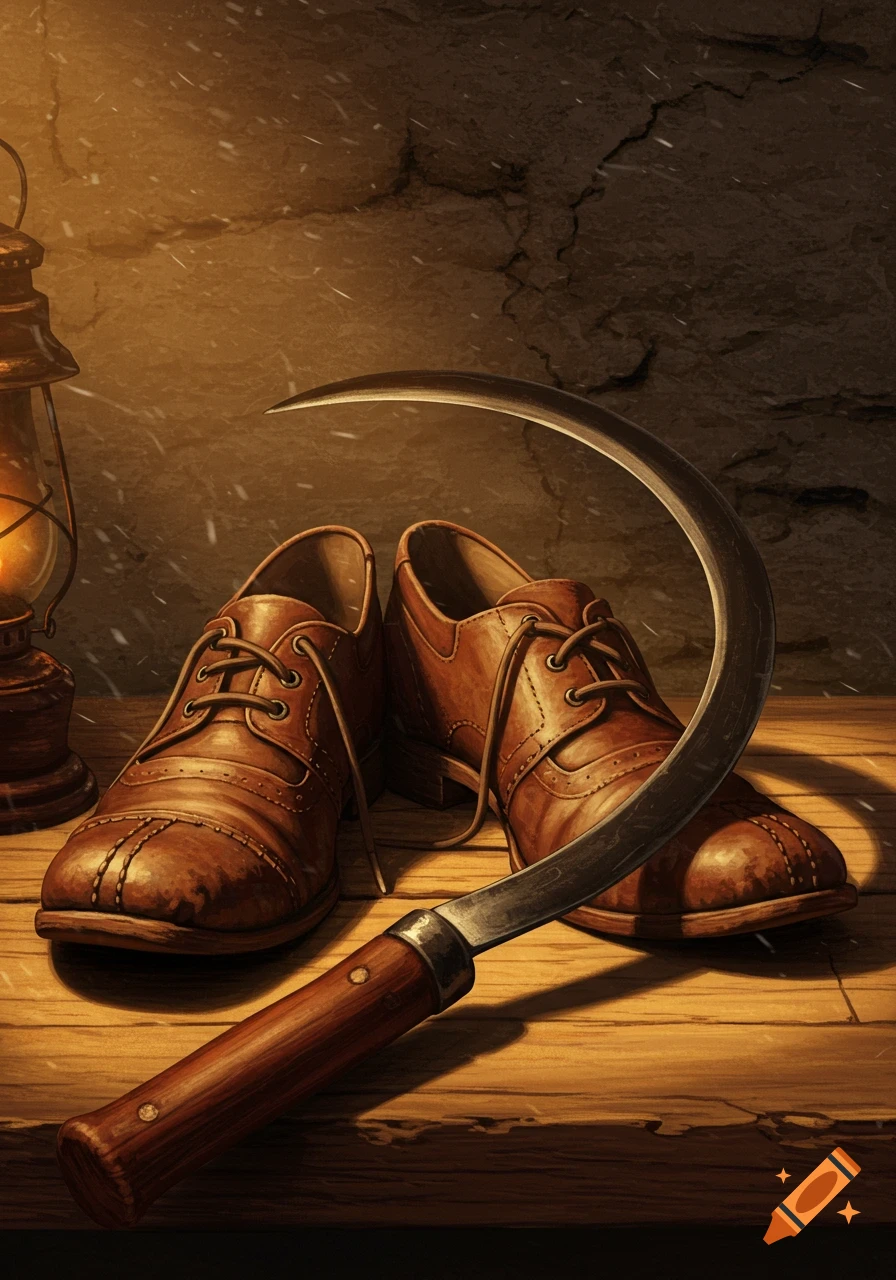 A digital painting of brown leather shoes, a sickle, and a lit lantern on a rustic wooden table.