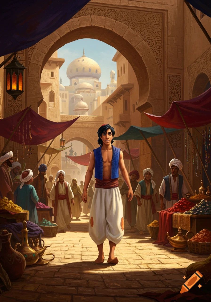 Aladdin walks through a bustling oriental market street with vendors and archways, a domed city in the background, in an animated illustration style.