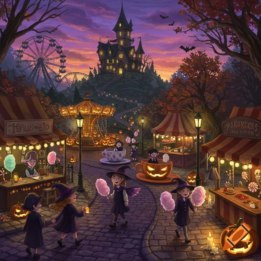 A cartoon illustration of a Halloween theme park at dusk with a haunted house, Ferris wheel, carousel, and children trick-or-treating.