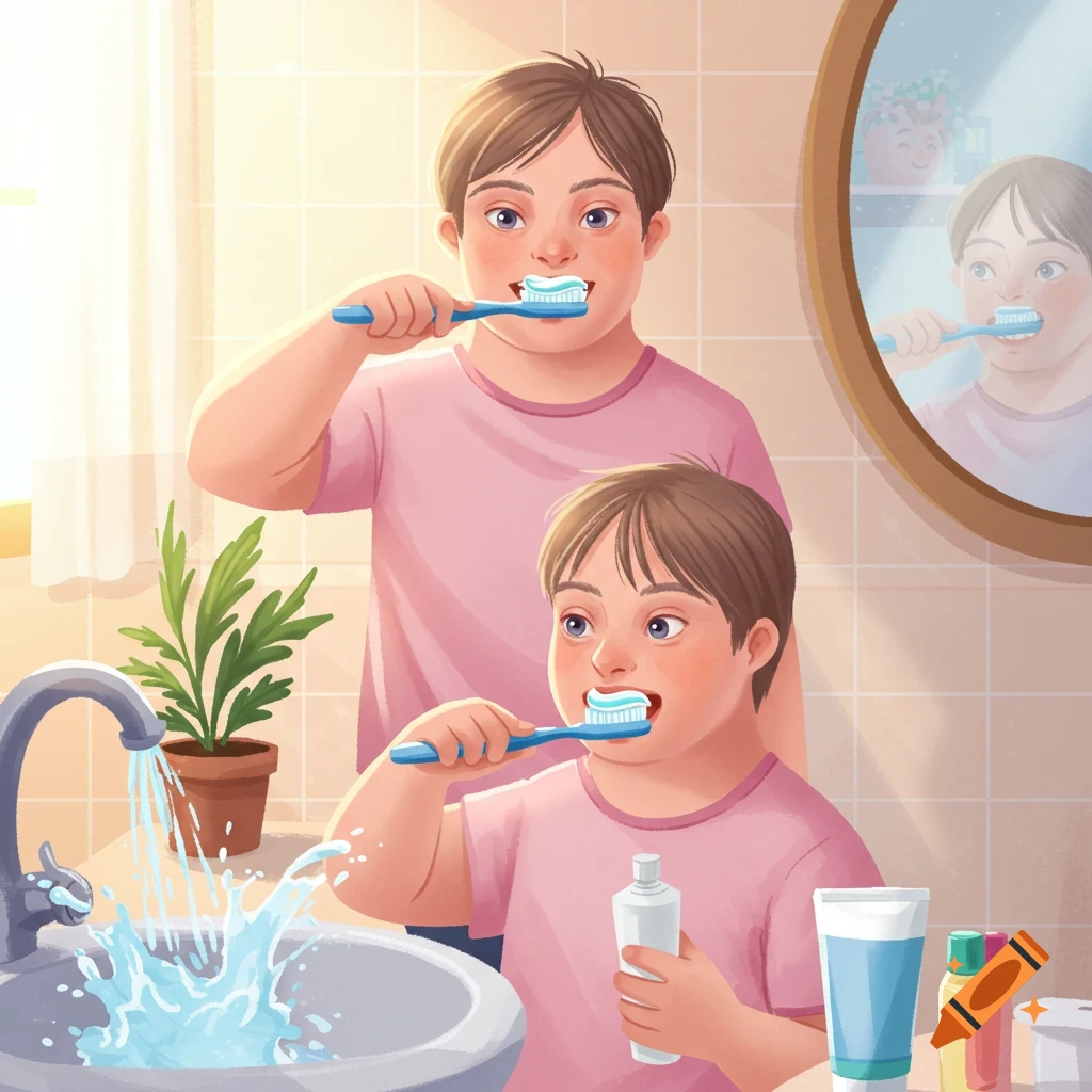 Cartoon illustration of two individuals with Down Syndrome brushing their teeth in a bright bathroom.