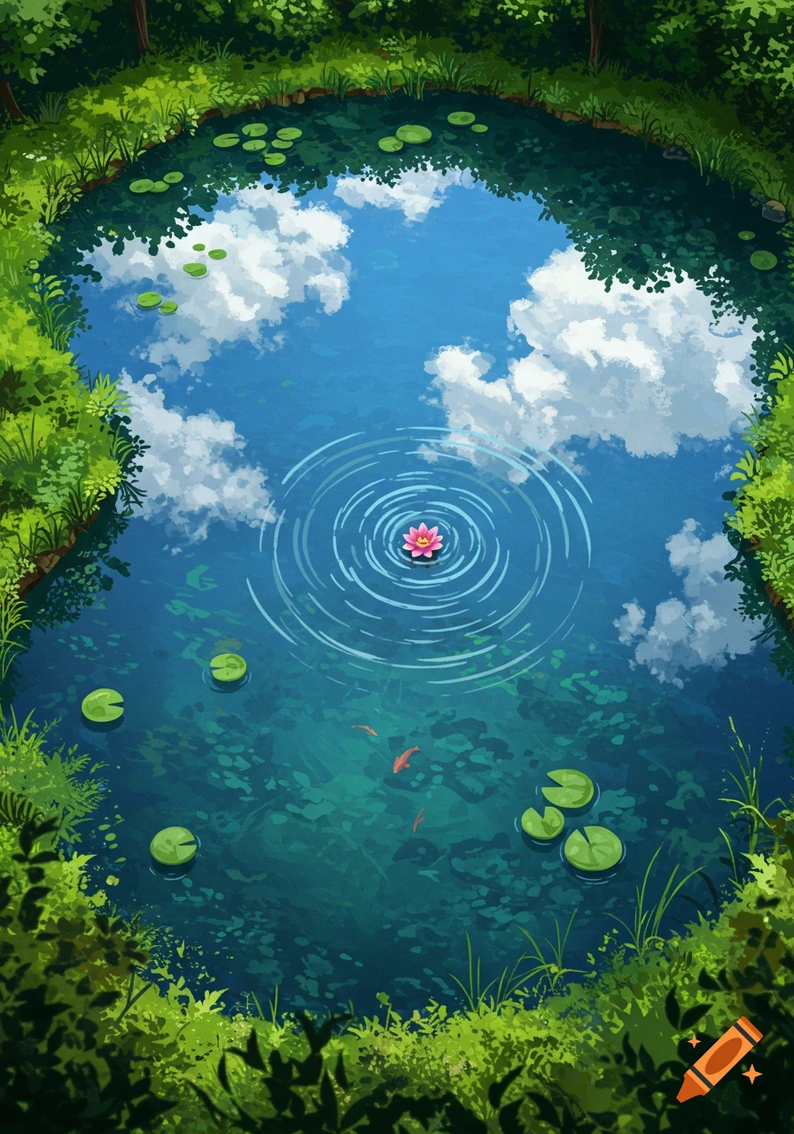 Overhead view of a serene green pond with a pink lotus flower, lily pads, and orange fish, reflecting a cloudy blue sky, illustrated.