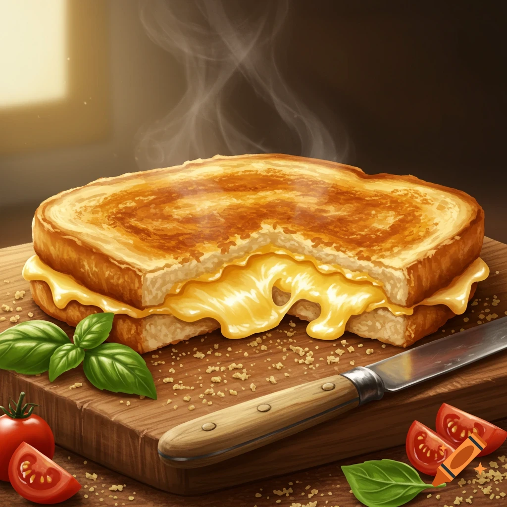 A hot, cut cheese toastie with melted cheese oozing out, served on a wooden board with basil, sliced tomatoes, and a knife.