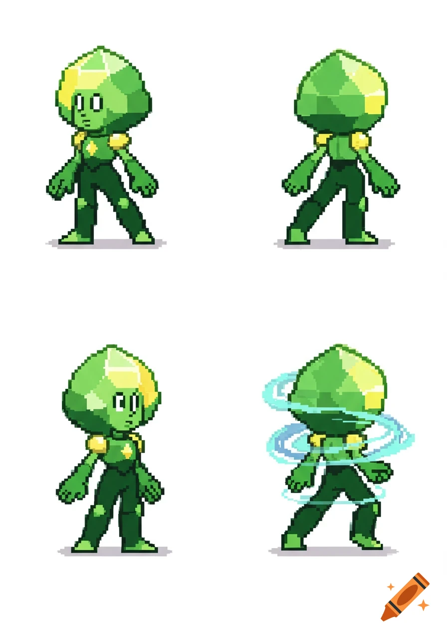 A sprite sheet shows a green and yellow crystal gem pixel art character in four poses, including standing still and spinning with a blue-green aura.