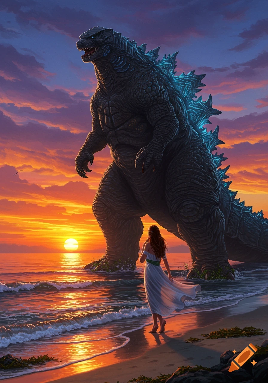 Giant Godzilla on a beach at sunset, a woman in a white dress walks towards him. Detailed illustration.