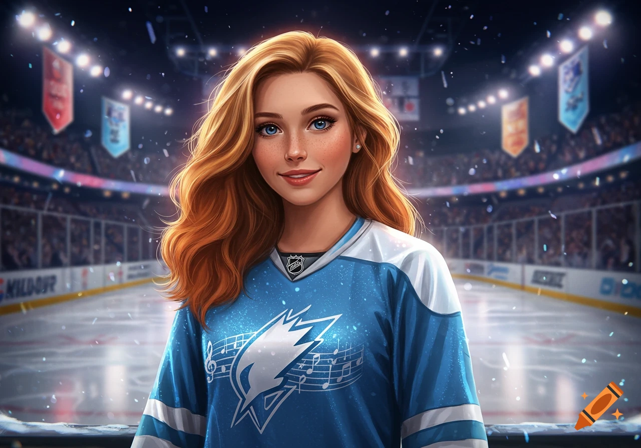 An anime-style girl with blonde hair and blue eyes smiles in a light blue hockey jersey with musical notes, standing on an ice rink in an arena.