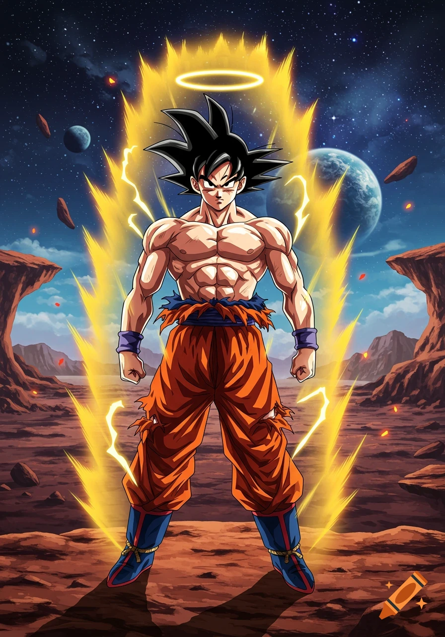 Anime illustration of Goku, shirtless and muscular, surrounded by a golden aura and halo, standing on a desolate alien planet under a starry sky.