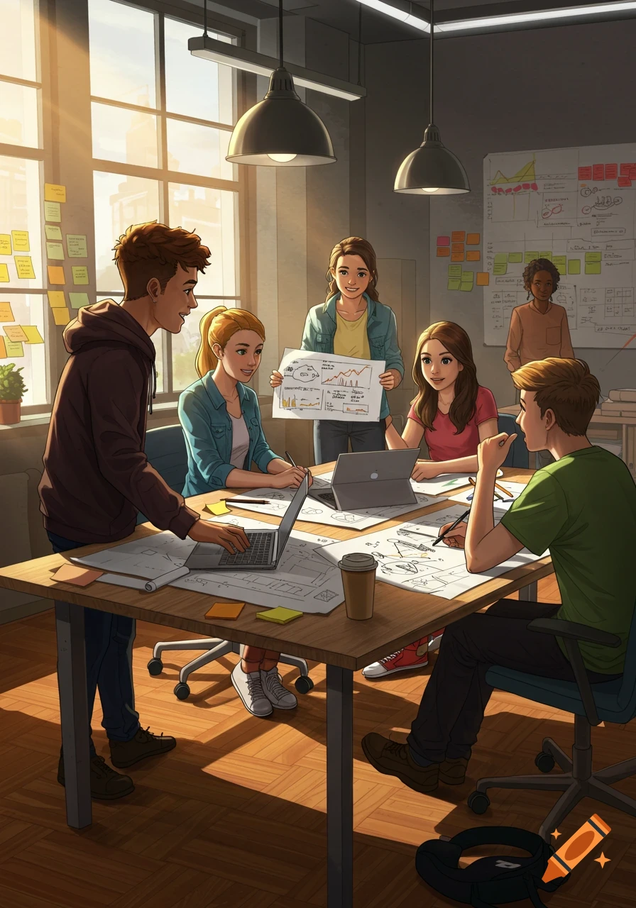 An illustrated group of diverse young people collaborating around a table with laptops and papers in a sunlit office.