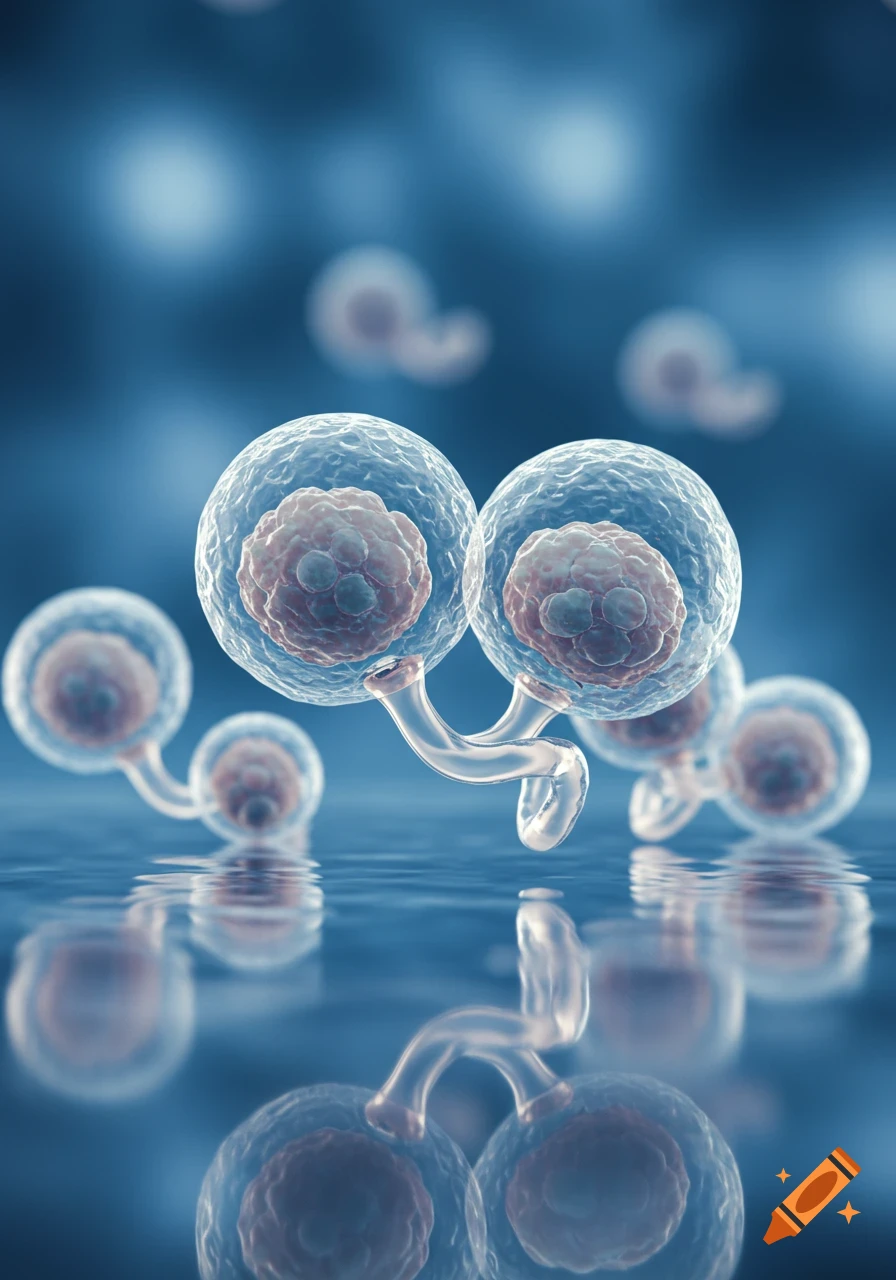 Photorealistic 3D rendering of multiple transparent cells with red nuclei, possibly blastocysts, floating in a blue liquid.