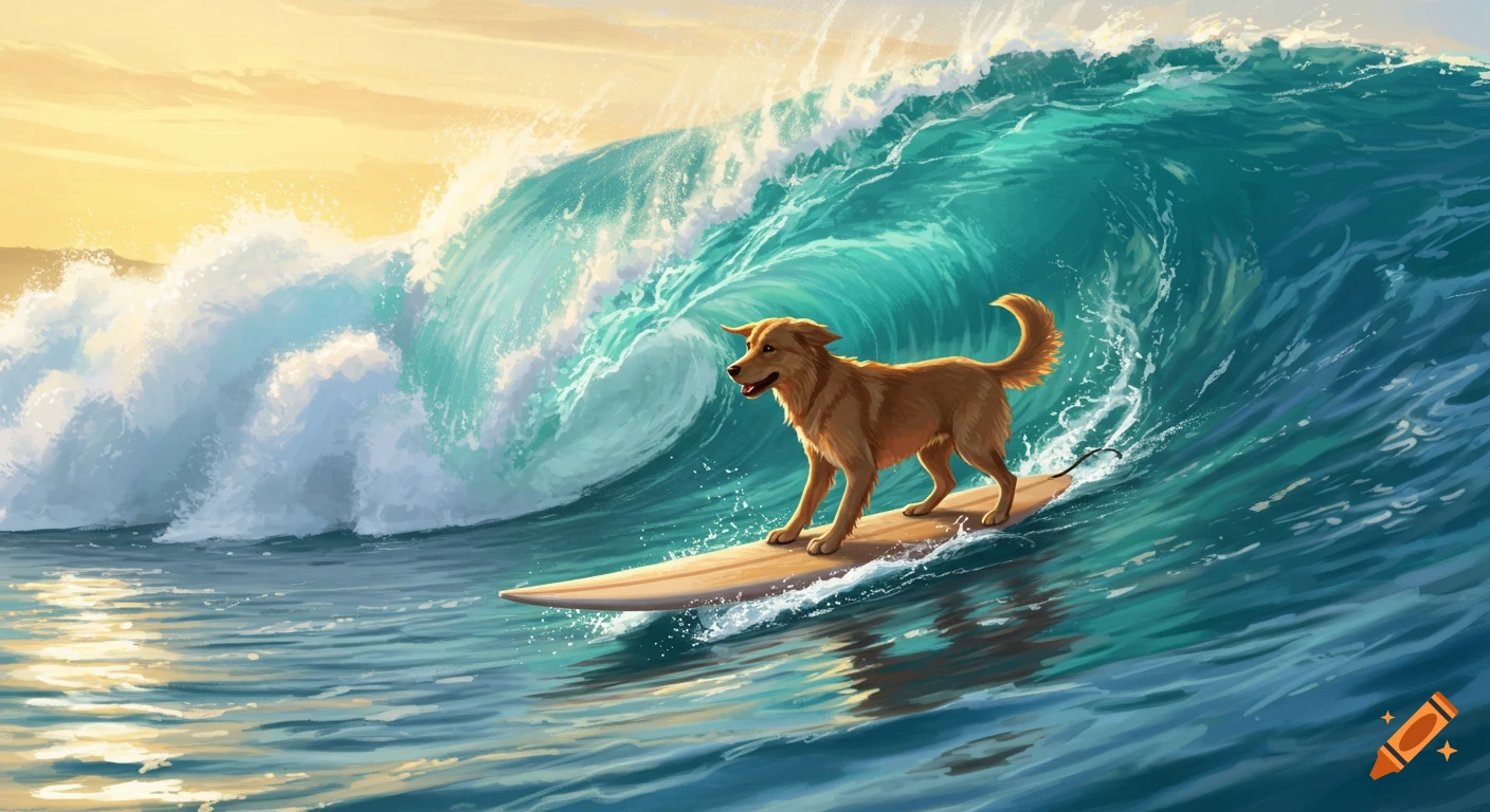 An illustrated golden-brown dog surfs on a surfboard in a teal ocean with a large wave and yellow sky.