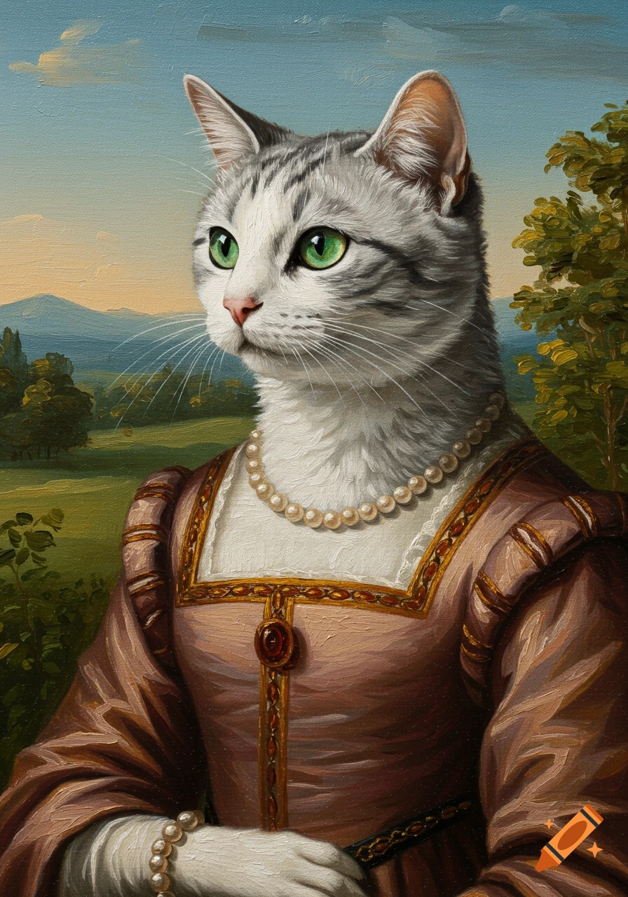 Oil painting of a white cat with gray markings and green eyes, wearing a brown Renaissance dress and pearl necklace against a natural landscape.