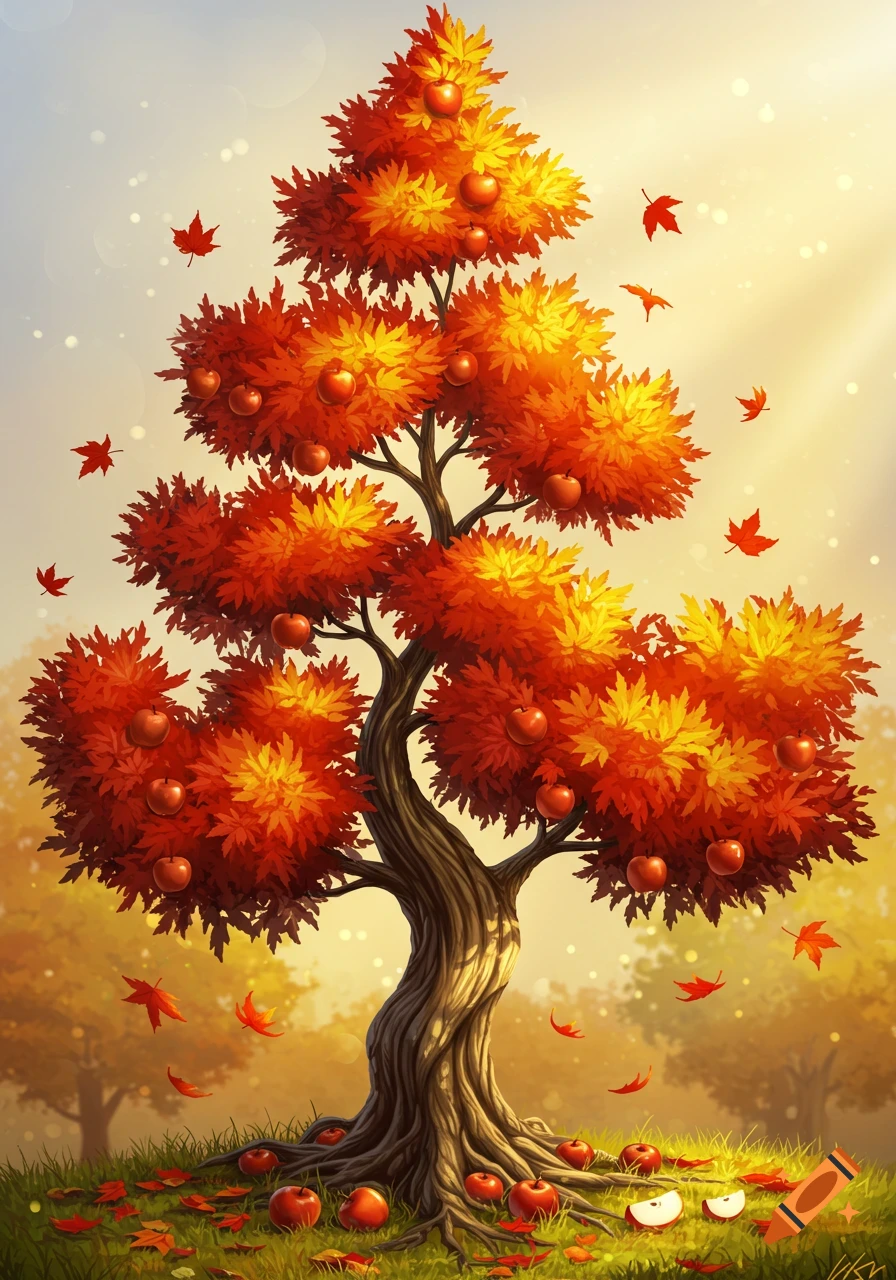 Vibrant illustrated autumn tree with red and orange maple leaves, ripe red apples hanging and fallen on the grassy ground.