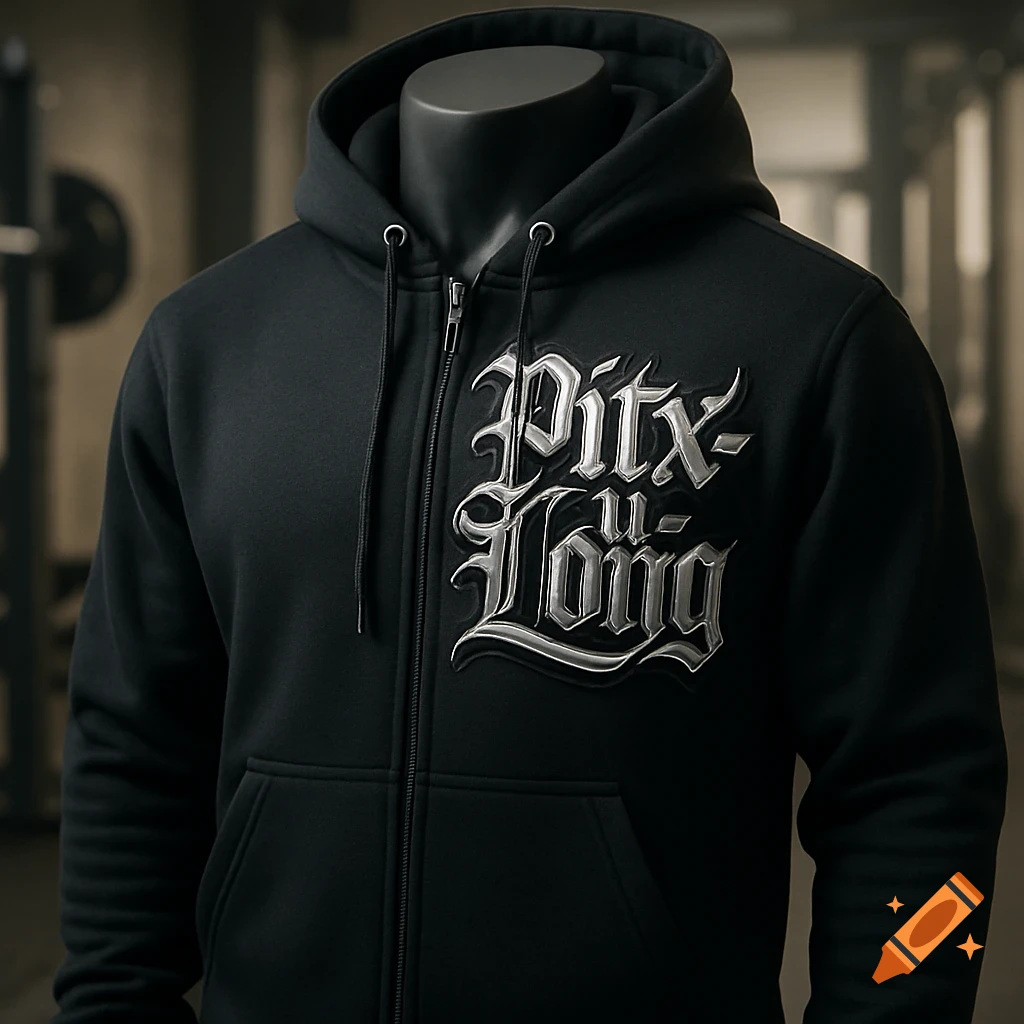 Photorealistic black gym hoodie on a mannequin with metallic 'Pitx-U-Long' lettering on the chest.