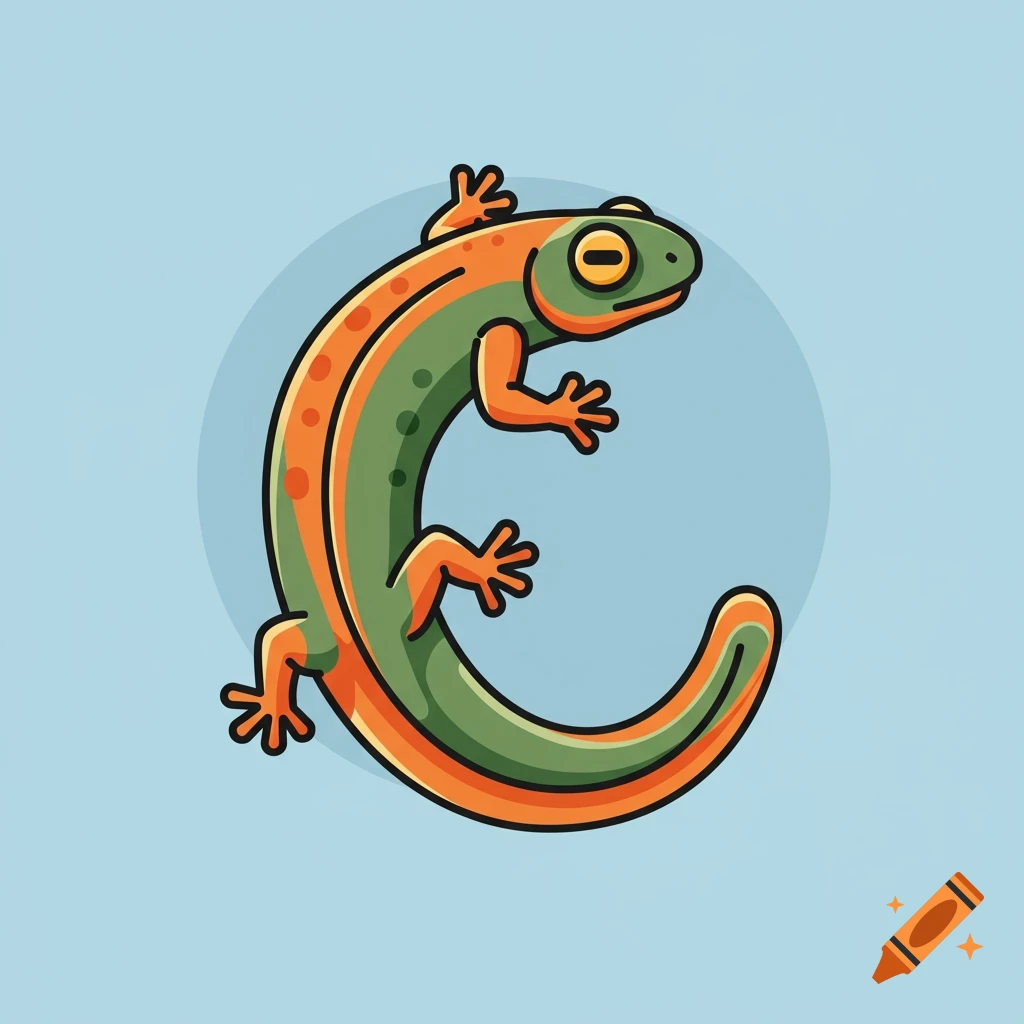 A cartoon illustration of a green and orange newt curled into the shape of the letter C on a light blue background.