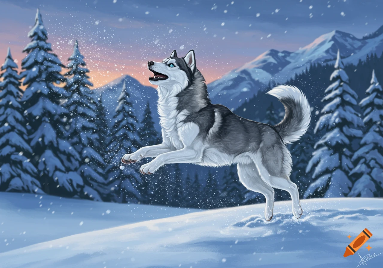 A fluffy husky dog with blue eyes jumps playfully in a snowy forest at sunset, catching snowflakes. Digital art.